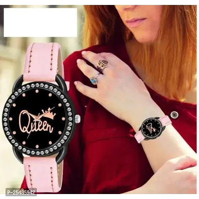 Medboo Queen Dial Black Dimond Cash Pink Leather Girls and Women Analog Watch-thumb0