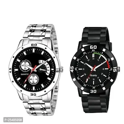 Medboo Silver Metal And Tri Black PU Men and Boys Watch-thumb0