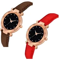 Medboo Black 12Diamond Dial Brown and Red Leather Belt Combo Women and Girls Watch-thumb1