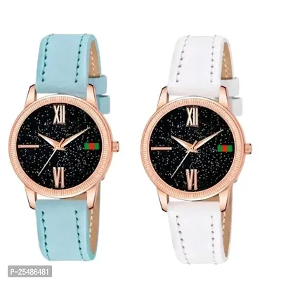 Medboo Black Roman Dial SkyBlue and White Leather Belt Combo Women and Girls Watch