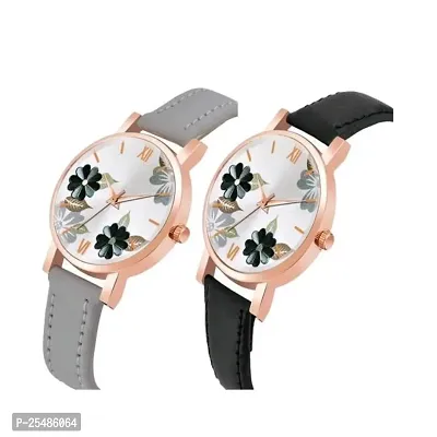 Medboo Flower Dial Grey and Black Leather Belt Girls and Women Analog Watch-thumb2