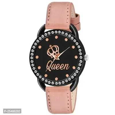 Medboo New Queen Dial Diamond Black Cash Peach Belt Women and Girls Watch-thumb0