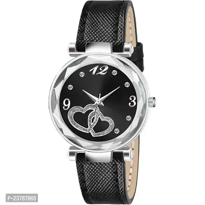 HRV Black Heart Dial Black Leather Strap  Watch For Girls