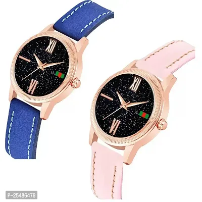 Medboo Black Roman Dial Blue and Pink Leather Belt Combo Women and Girls Watch-thumb2