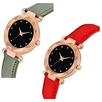 Medboo Black 12Diamond Dial Green and Red Leather Belt Combo Women and Girls Watch-thumb1