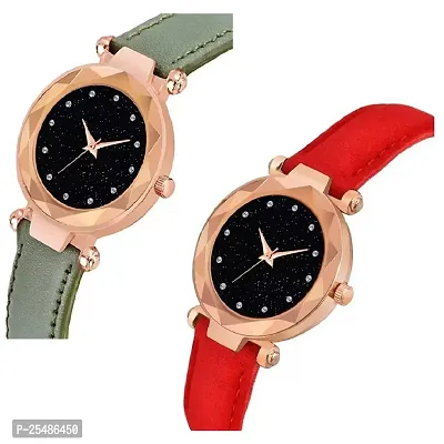 Medboo Black 12Diamond Dial Green and Red Leather Belt Combo Women and Girls Watch-thumb2