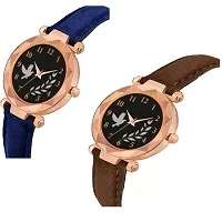 Medboo Black Birds Dial Blue And Brown Leather Belt Analog Women and Girls Watch-thumb1