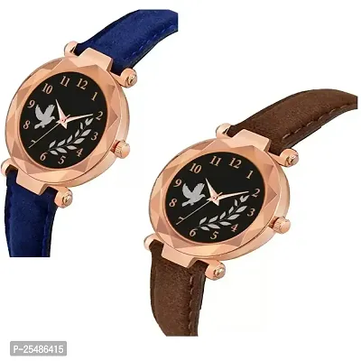 Medboo Black Birds Dial Blue And Brown Leather Belt Analog Women and Girls Watch-thumb2