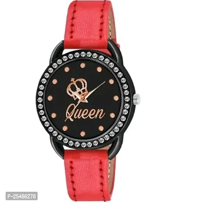 Medboo New Queen Dial Diamond Black Cash Red Belt Women and Girls Watch-thumb0