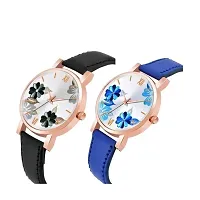 Medboo Flower Dial Black and Blue Leather Belt Girls and Women Analog Watch-thumb1