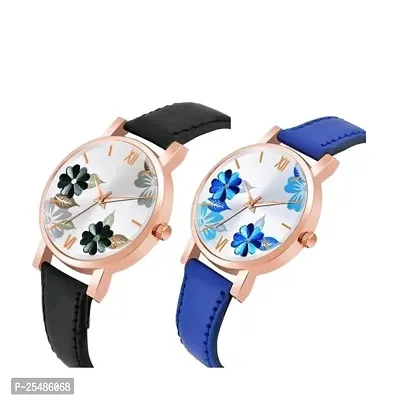 Medboo Flower Dial Black and Blue Leather Belt Girls and Women Analog Watch-thumb2