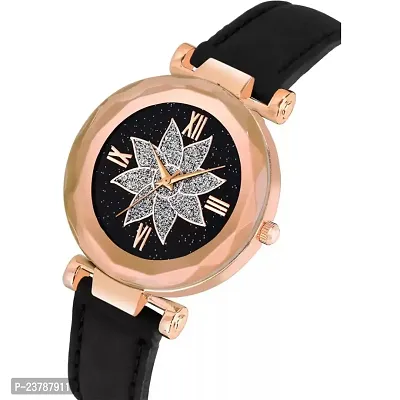 HRV Black Flower Dial Black Leather Belt Women Watch-thumb3