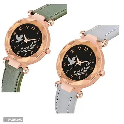 Medboo Black Birds Dial Green And Grey Leather Belt Analog Women and Girls Watch-thumb2