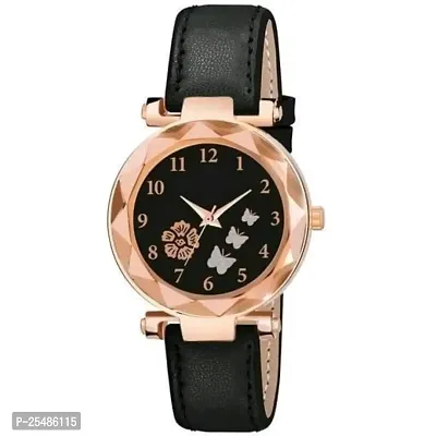 Medboo Three Butter And Rose Dial Black Leather Belt Girls and Women Analog Watch-thumb0