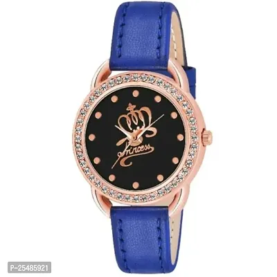 Medboo Queen Dial Rose Dimond Cash Blue Leather Girls and Women Analog Watch-thumb0