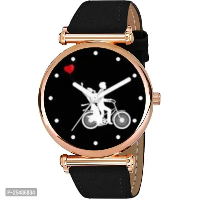 Medboo Couple Love Cycal Dial Rose Cash Black Leather Men And Boys Watch