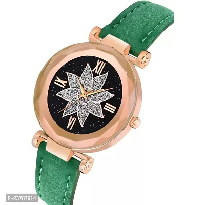 HRV Black Flower Dial Green Leather Belt Women Watch-thumb3