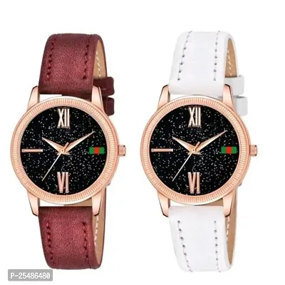 Medboo Black Roman Dial Brown and White Leather Belt Combo Women and Girls Watch