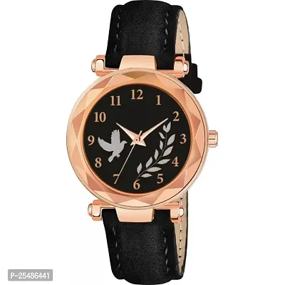 Medboo Black Birds Dial Black Leather Belt Analog Women and Girls Watch-thumb0