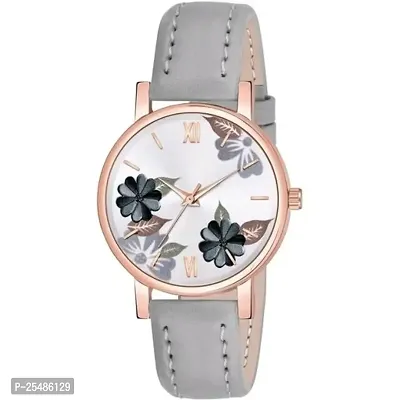 Medboo Grey Leather Belt Folwer Grey Dial Girls and Women Analog Watch