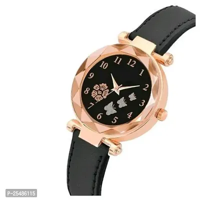 Medboo Three Butter And Rose Dial Black Leather Belt Girls and Women Analog Watch-thumb2