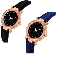 Medboo Black 12Diamond Dial Black and Blue Leather Belt Combo Women and Girls Watch-thumb1