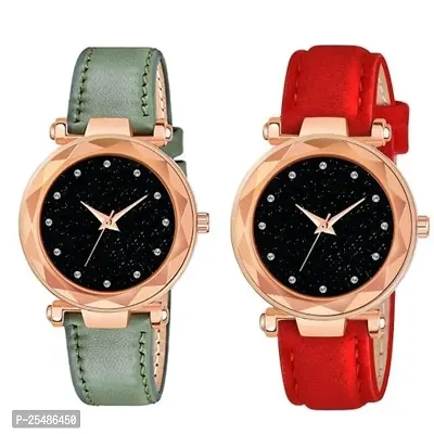 Medboo Black 12Diamond Dial Green and Red Leather Belt Combo Women and Girls Watch-thumb0