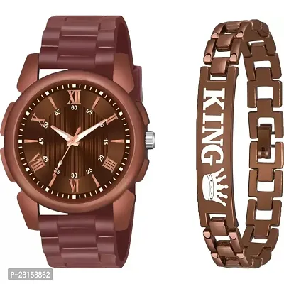 Stylish Brown Metal Analog Watches For Men Watch With Bracelet