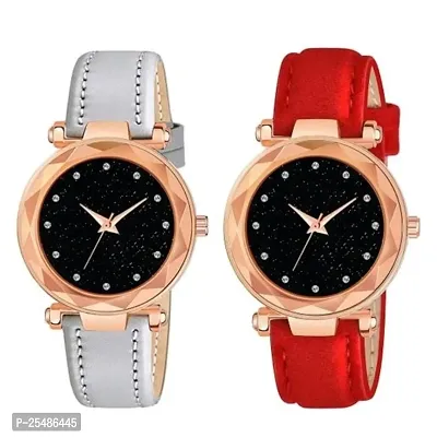 Medboo Black 12Diamond Dial Grey and Red Leather Belt Combo Women and Girls Watch-thumb0