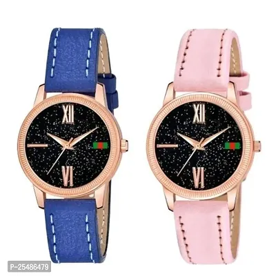 Medboo Black Roman Dial Blue and Pink Leather Belt Combo Women and Girls Watch