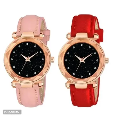 Medboo Black 12Diamond Dial Pink and Red Leather Belt Combo Women and Girls Watch-thumb0