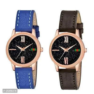 Medboo Black Roman Dial Blue and Brown Leather Belt Combo Women and Girls Watch