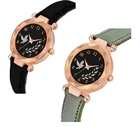 Medboo Black Birds Dial Black And Green Leather Belt Analog Women and Girls Watch-thumb1