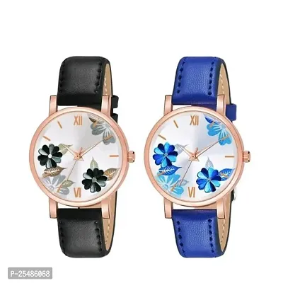 Medboo Flower Dial Black and Blue Leather Belt Girls and Women Analog Watch-thumb0