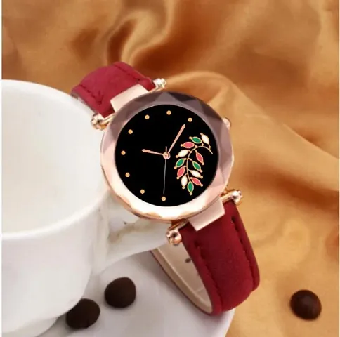 Stylish Leaf Dial Leather Strap Analog Watches for women girls