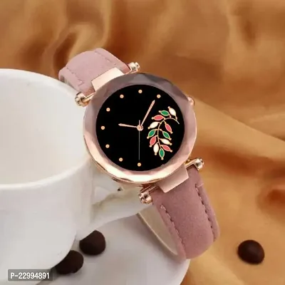 Stylish Rose Gold Leaf Pink Dial Leather Strap Analog Watches for women  girls