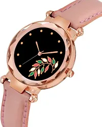 Stylish Rose Gold Leaf Pink Dial Leather Strap Analog Watches for women  girls-thumb1