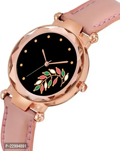 Stylish Rose Gold Leaf Pink Dial Leather Strap Analog Watches for women  girls-thumb2