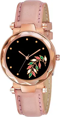 Stylish Rose Gold Leaf Pink Dial Leather Strap Analog Watches for women  girls-thumb3