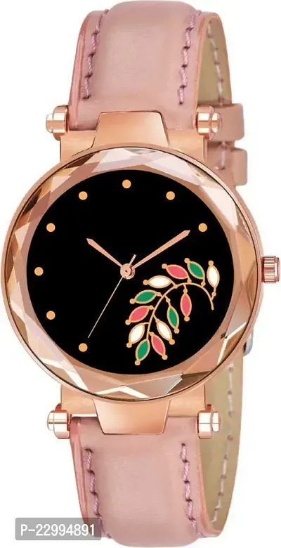 Stylish Rose Gold Leaf Pink Dial Leather Strap Analog Watches for women  girls-thumb4