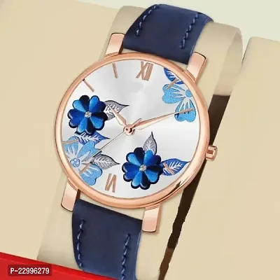 New Stylish  Designer blue color Flowered Dial Premium Leather Belt Formal Casual Wear Branded Wrist Watch For Girl Classy Look Analog Watch - For Women-thumb0