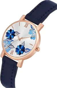 New Stylish  Designer blue color Flowered Dial Premium Leather Belt Formal Casual Wear Branded Wrist Watch For Girl Classy Look Analog Watch - For Women-thumb1