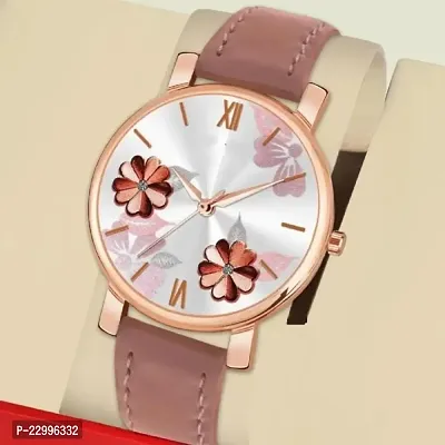 New Stylish  Designer pink color Flowered Dial Premium Leather Belt Formal Casual Wear Branded Wrist Watch For Girl Classy Look Analog Watch - For Women-thumb0