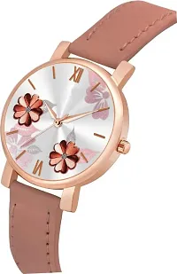 New Stylish  Designer pink color Flowered Dial Premium Leather Belt Formal Casual Wear Branded Wrist Watch For Girl Classy Look Analog Watch - For Women-thumb1