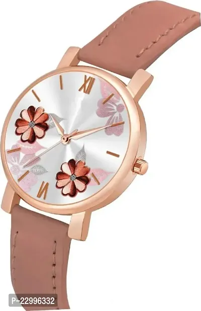 New Stylish  Designer pink color Flowered Dial Premium Leather Belt Formal Casual Wear Branded Wrist Watch For Girl Classy Look Analog Watch - For Women-thumb2