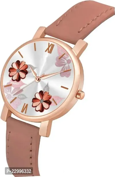New Stylish  Designer pink color Flowered Dial Premium Leather Belt Formal Casual Wear Branded Wrist Watch For Girl Classy Look Analog Watch - For Women-thumb3