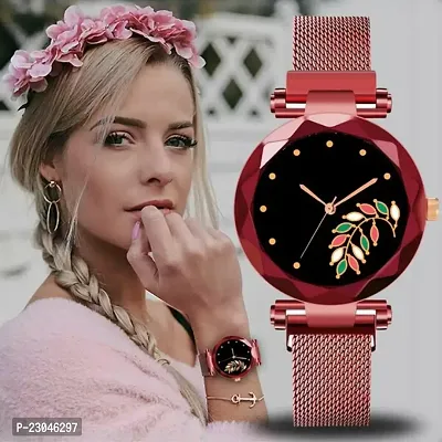 Girls Style Analog Fashion Female Clock with Magnet Mash Strap Analog Watch - For Women New latest Flower Dial Red Magnet Belt-thumb0