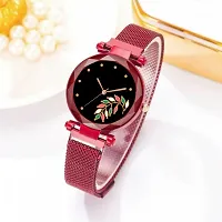 Girls Style Analog Fashion Female Clock with Magnet Mash Strap Analog Watch - For Women New latest Flower Dial Red Magnet Belt-thumb1