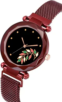 Girls Style Analog Fashion Female Clock with Magnet Mash Strap Analog Watch - For Women New latest Flower Dial Red Magnet Belt-thumb2