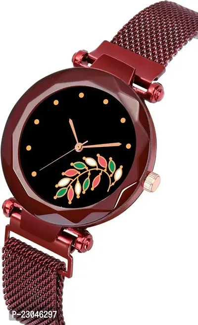 Girls Style Analog Fashion Female Clock with Magnet Mash Strap Analog Watch - For Women New latest Flower Dial Red Magnet Belt-thumb3